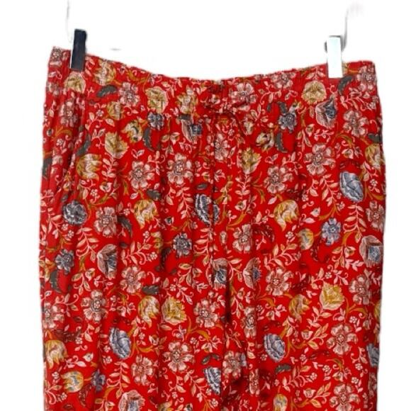 LOFT Pants Wide Leg Crop Elastic Tie Waist Orange Floral Women’s Size Medium - Picture 4 of 8